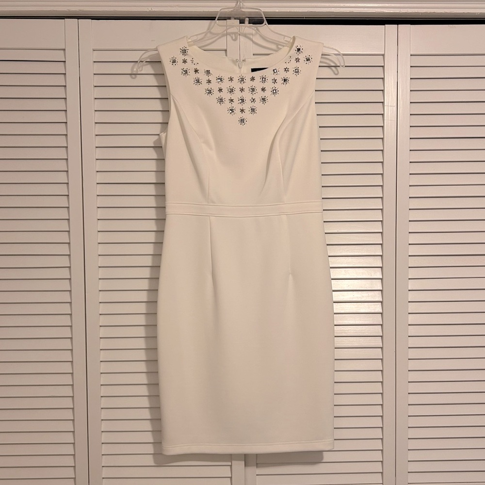 Ellen Tracy White Sheath Dress with Jewel Collar, Size 4, Worn Once